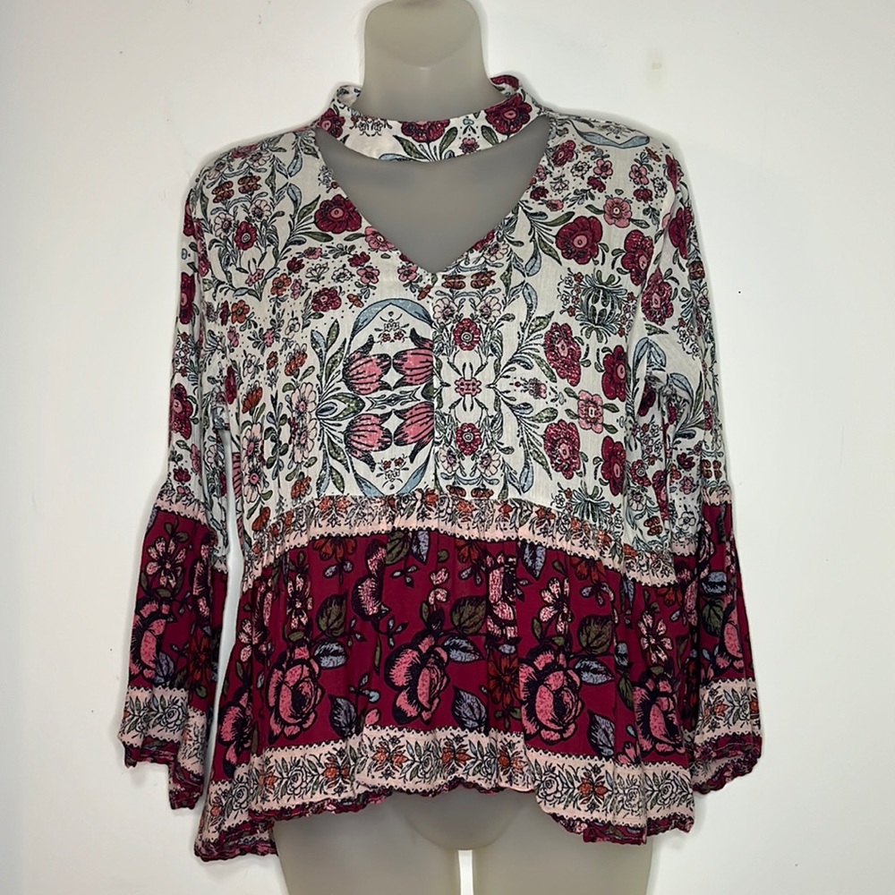 True Craft Boho Floral Cut-Out Choker Neck Peasant Blouse L